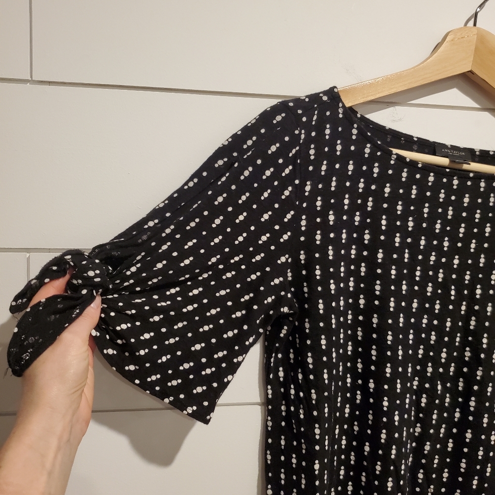Ann taylor small linen Shirt black white polka dot Blouse bell sleeve flowy Top
